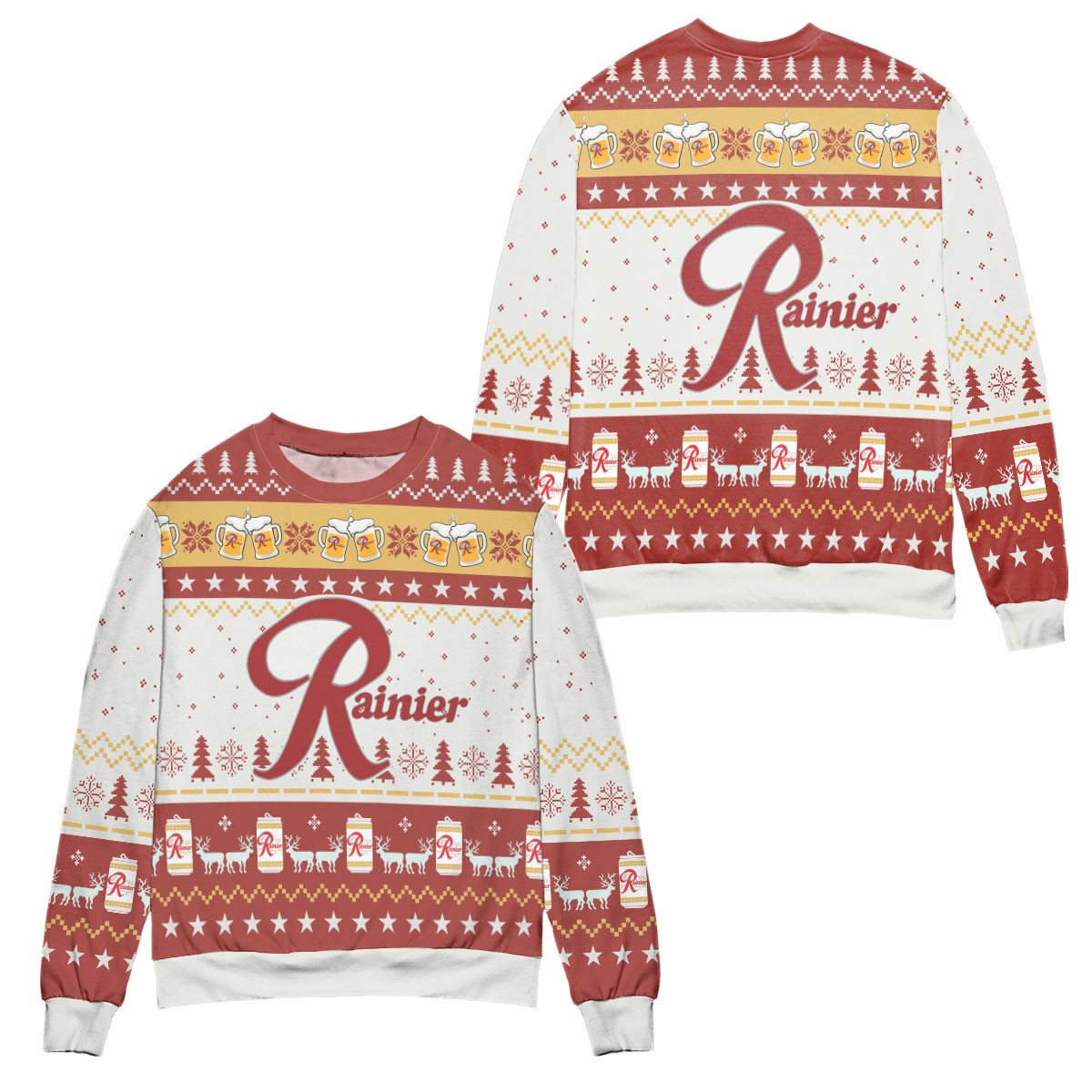 Rainier Beer Reindeer & Pine Tree Pattern Ugly Christmas Sweater – All Over Print 3D Sweater