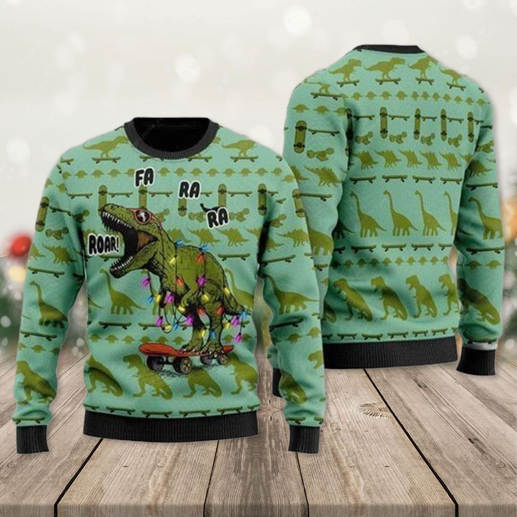 Dinosaur Ugly Christmas Sweater 2023, Roar And Skateboard Ugly Christmas Sweater 2023 3D, Presents For Christmas