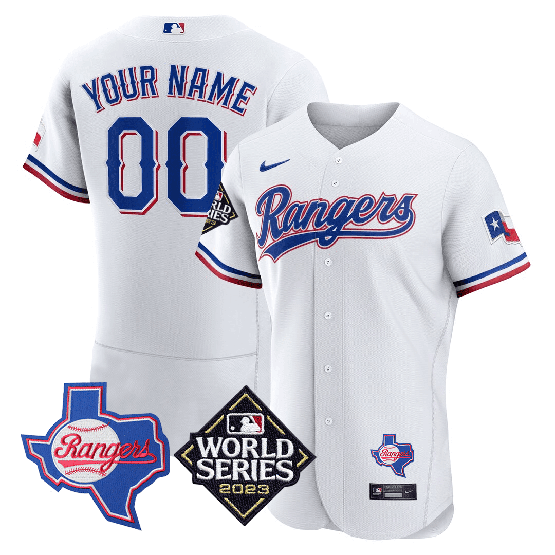 Texas Rangers Texas State & 2023 World Series Patch Custom Jersey – All Stitched