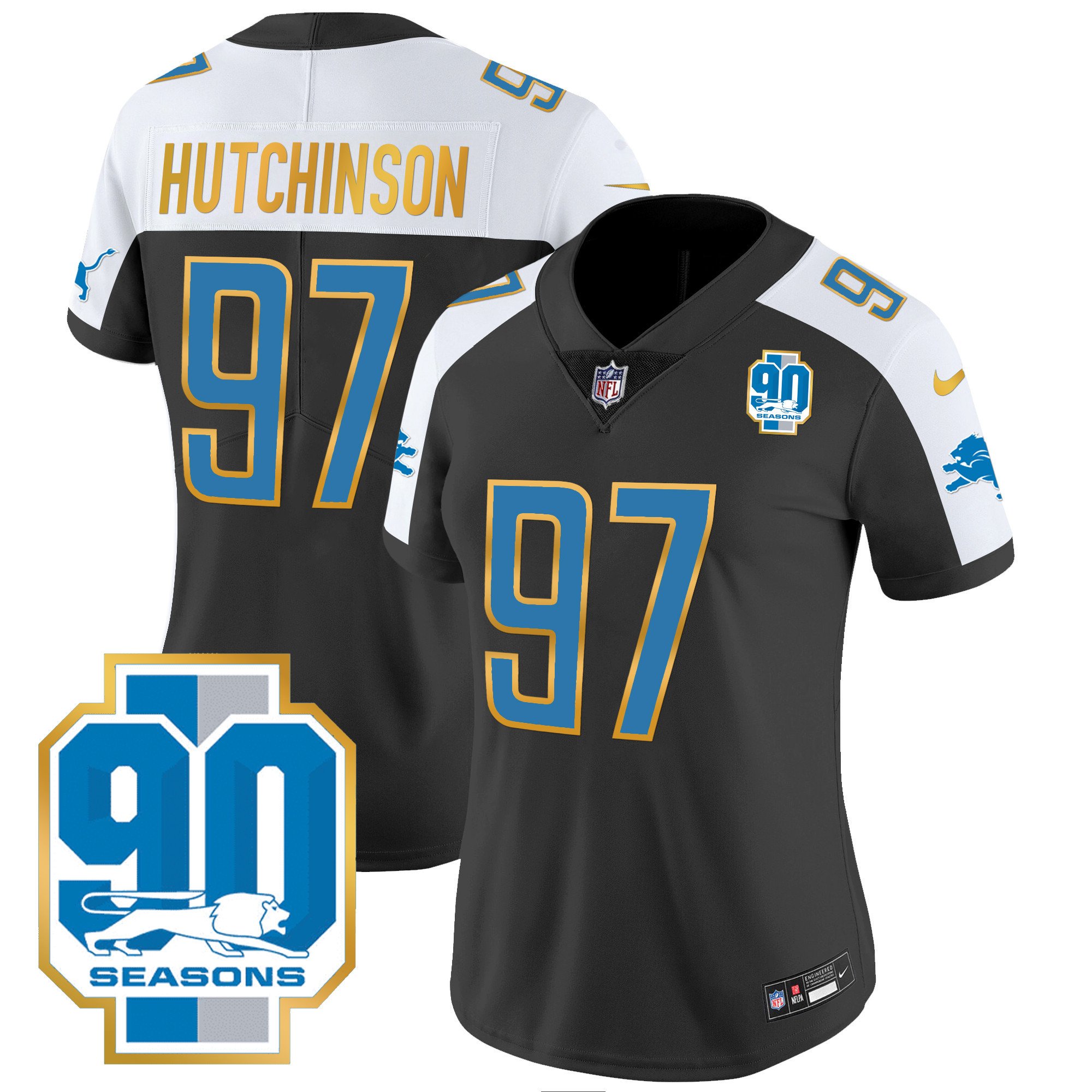 Women’S Detroit Lions 90Th Year Patch Gold Trim Jersey – All Stitched