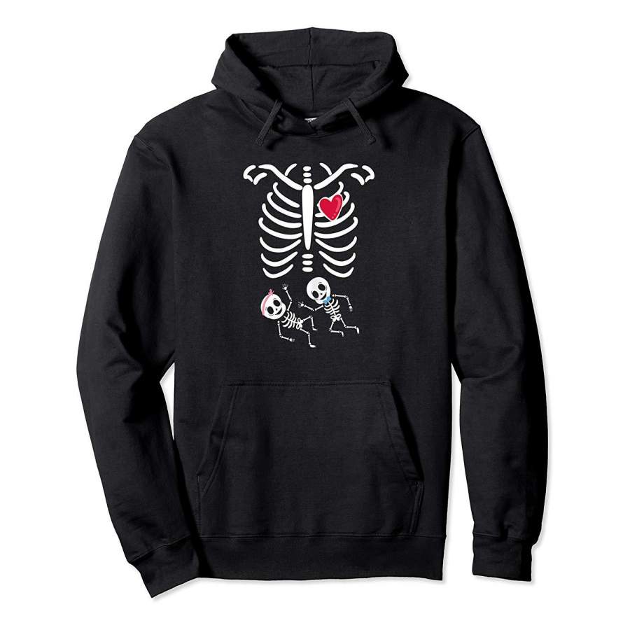 Womens Skeleton Twin Pregnancy Halloween Hoodie