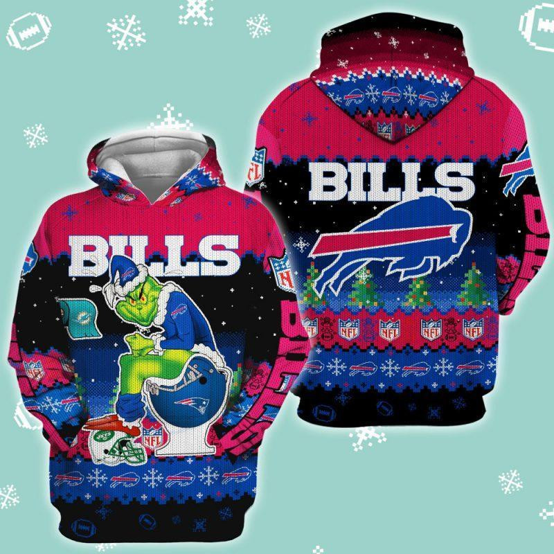 Buffalo Bills Christmas Grinch In Toilet Knitting Pattern 74 Unisex 3D Hoodie Gift For Fans