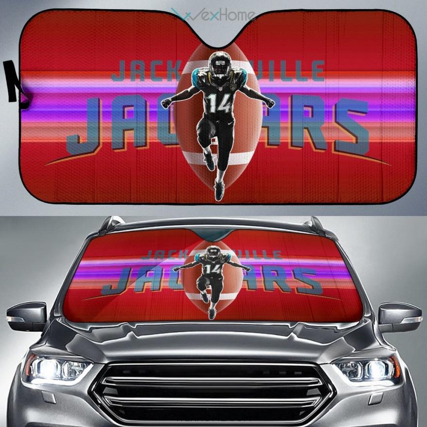 Jacksonville Jaguars Football Car Sun Shade | Jags Player 14 Flying With Rugby Ball Red Sun Shade