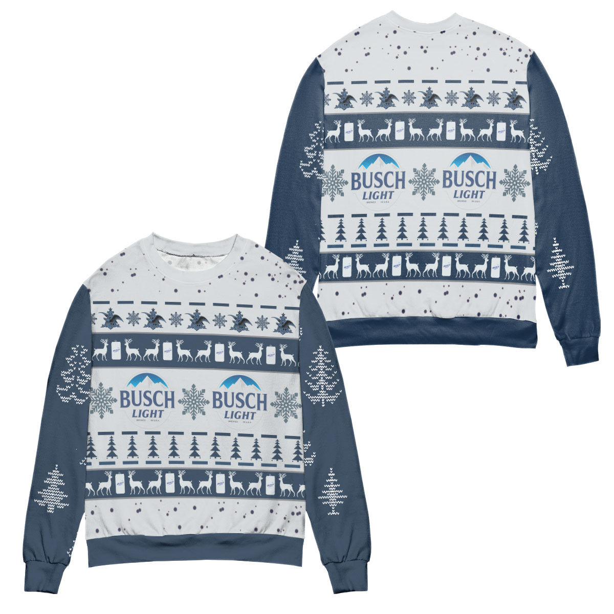 Busch Light Reindeer & Pine Tree Pattern Ugly Christmas Sweater – All Over Print 3D Sweater – Blue