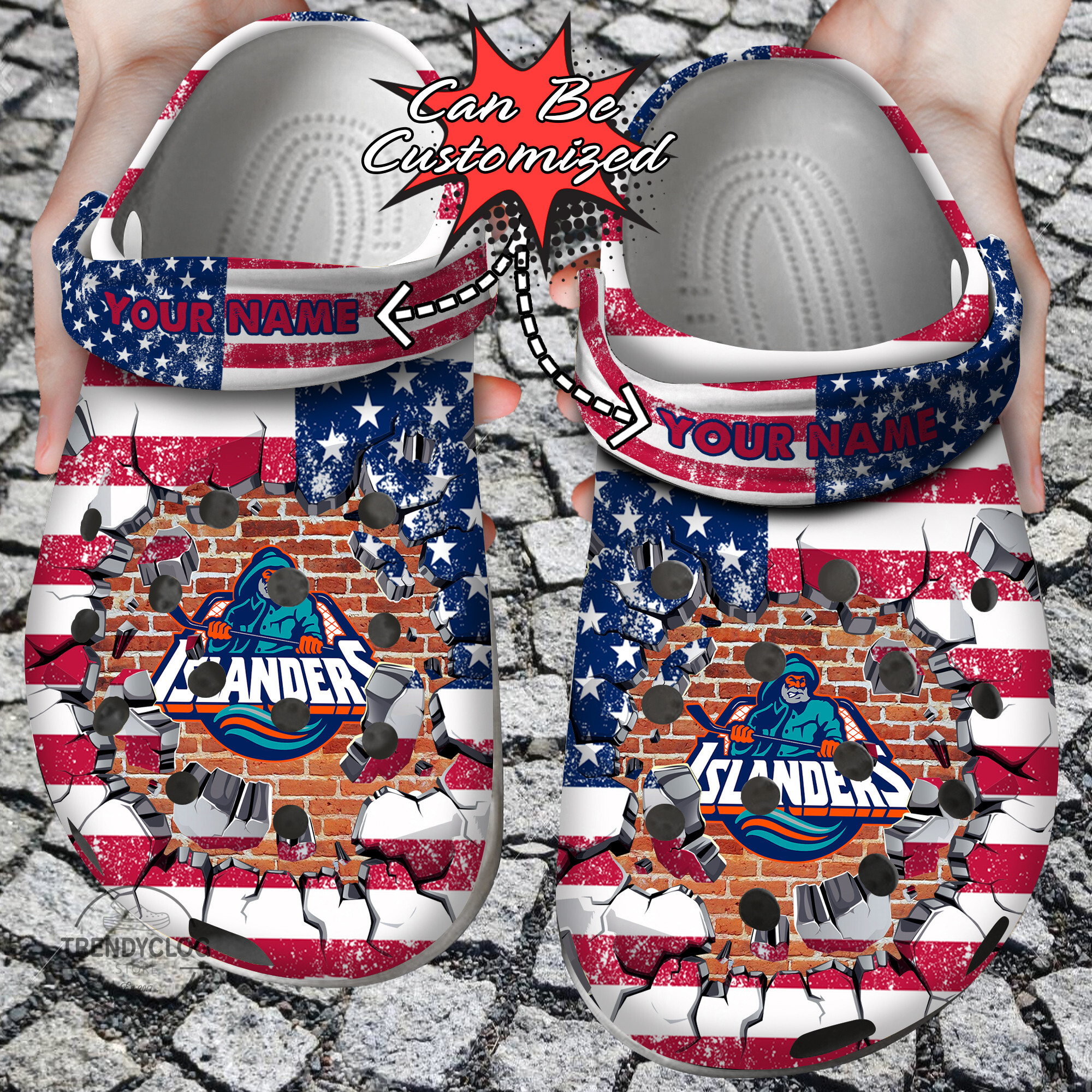 Hockey Crocs – Personalized Ny Islanders American Flag Breaking Wall Clog Shoes