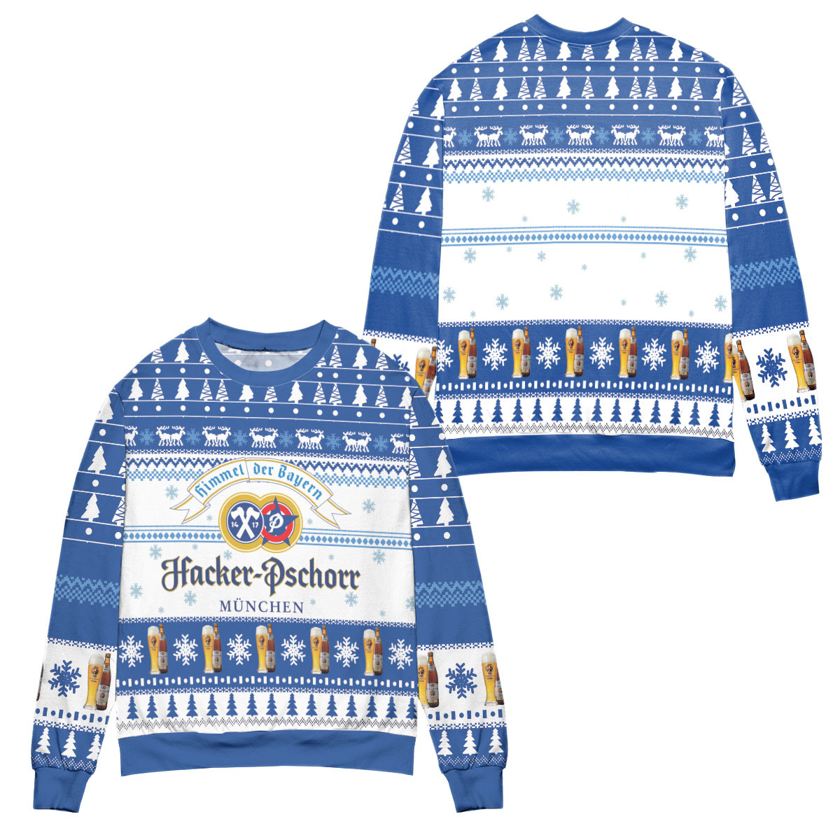 Hacker-Pschorr Brewery Pine Tree Pattern Ugly Christmas Sweater – All Over Print 3D Sweater – Blue White