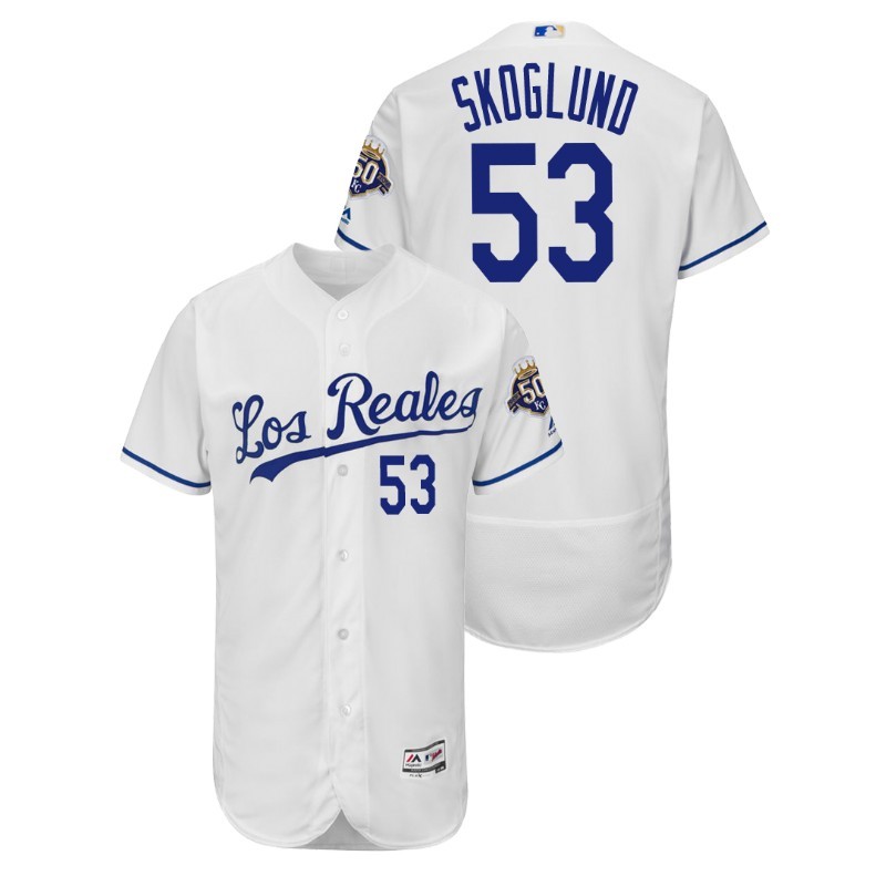 Men’S Kansas City Royals White Home Flex Base #53 Eric Skoglund 50Th Anniversary Jersey – All Stitched, Embroidery