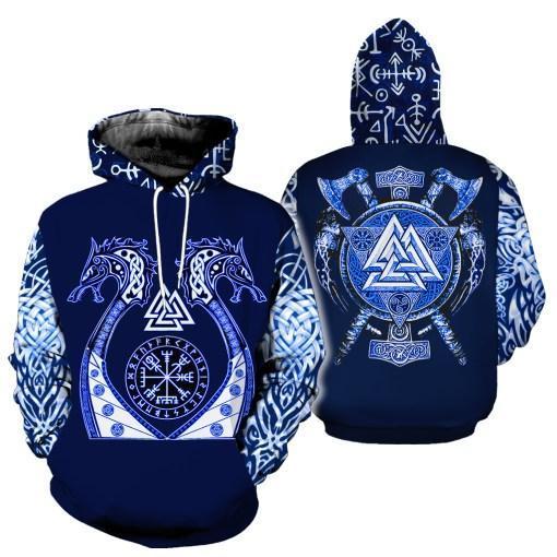 Valknut And Vegvisir Axes And Thor Hammer The Viking Word Tour Blue 3D All Over Print Hoodie