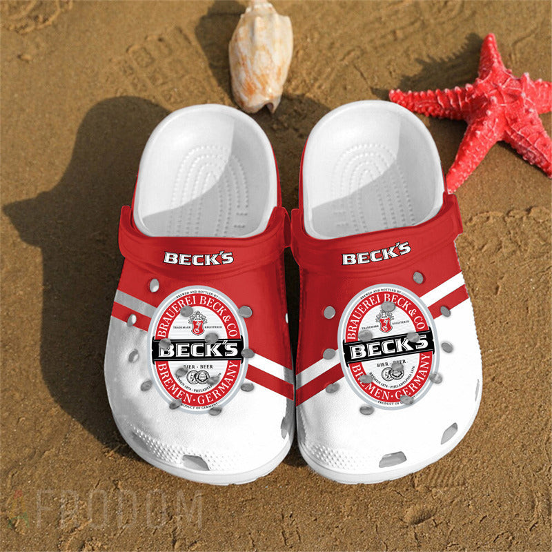 Beck’S W Hole Logo Pattern Crocs Classic Clogs Shoes In Red & White