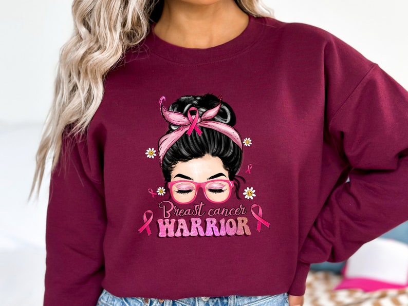 Breast Cancer Warrior Sweatshirt, Breast Cancer Warrior Hoodie, Messy Bun Pink Ribbon Tee, Breast Cancer Survivor Shirt, Cancer Support Tee