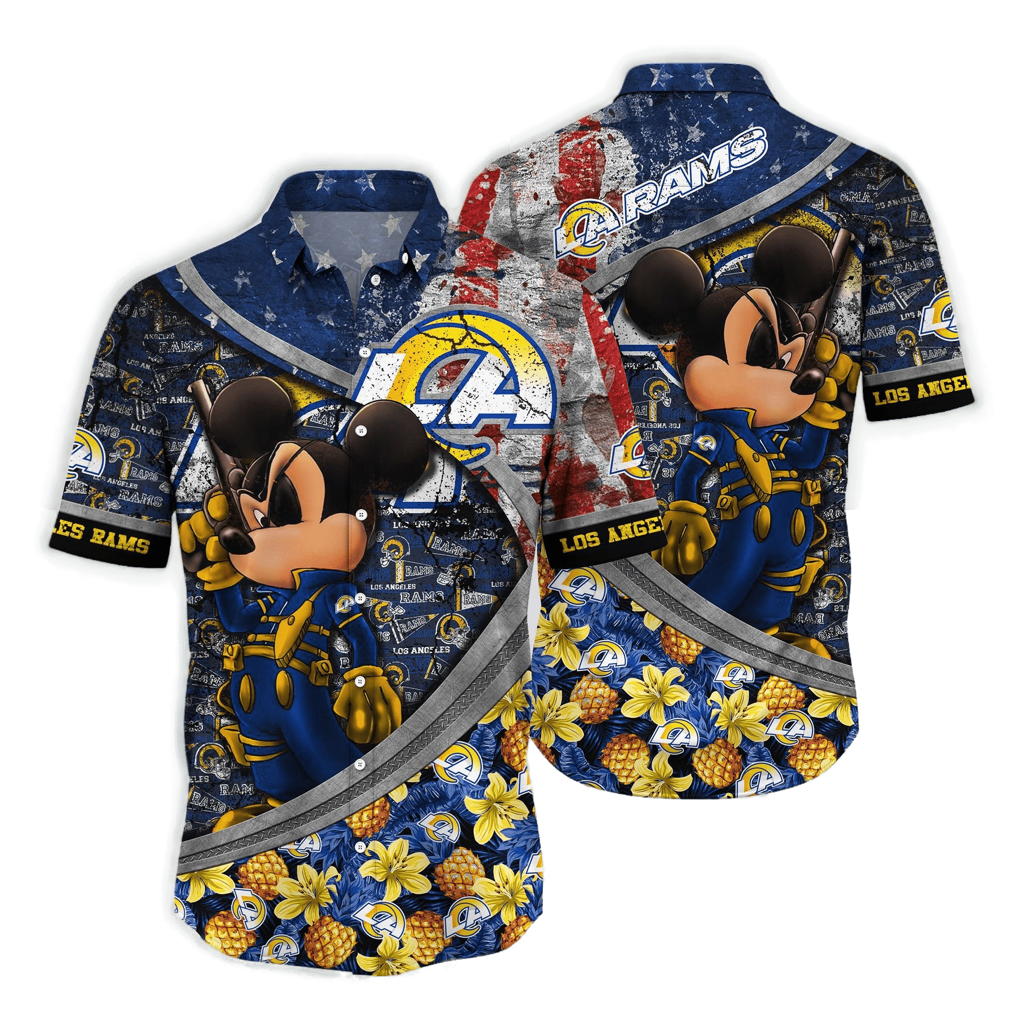 Los Angeles Rams Hawaiian Shirt Los Angeles Rams American Flag Pinapples Pattern Hawaii Shirt For Men Women Los Angeles Rams Aloha Shirt