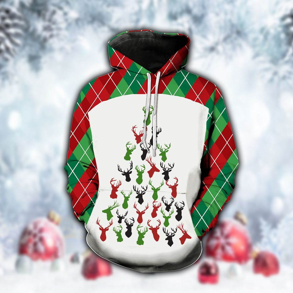 Red And Green Plaid Deers Christmas Tree Hoodie