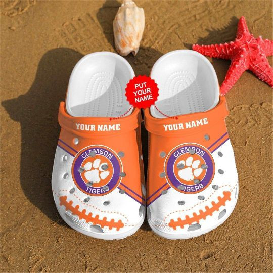 Clemson Tigers Logo Custom Name Crocs Classic Clogs Shoes In Orange White