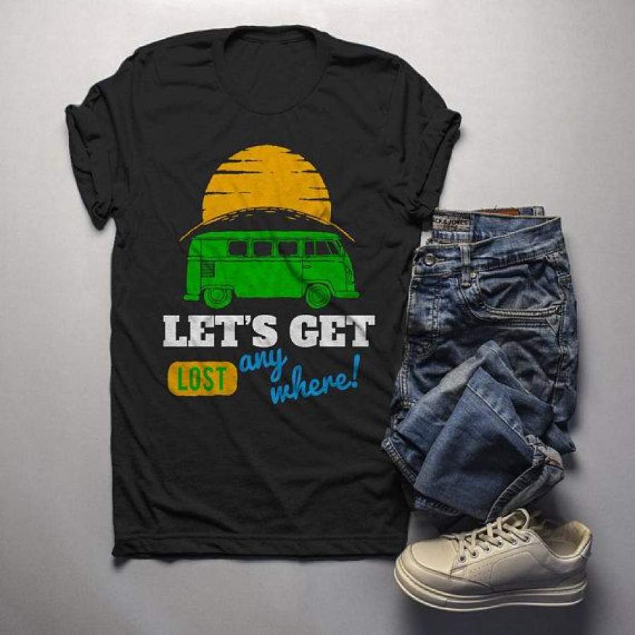 Men’s Vintage Van T Shirt Camping Shirts Let’s Get Lost Graphic Tee Travel Road Trip TShirt