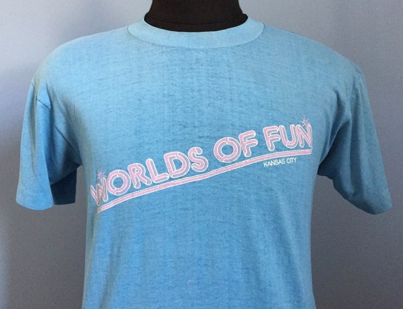 80S Vintage Worlds Of Fun Kansas City Missouri Crew Rollercoaster Roller Coaster Amusement Park Theme T Shirt   Medium