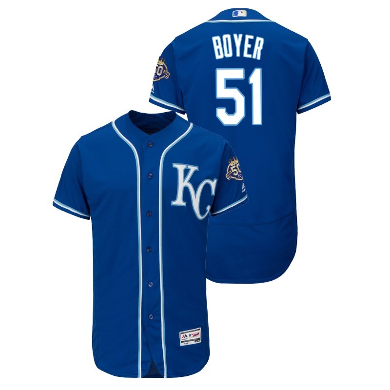 Men’S Kansas City Royals Blue Alternate Flex Base #51 Blaine Boyer 50Th Anniversary Jersey – All Stitched, Embroidery