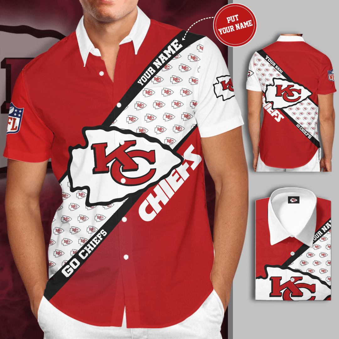 Personalized Kansas City Chiefs Big Logo Go Chiefs All Over Print 3D Short Sleeve Dress Shirt Hawaiian Summer Aloha Beach Shirt – Red White-Tph