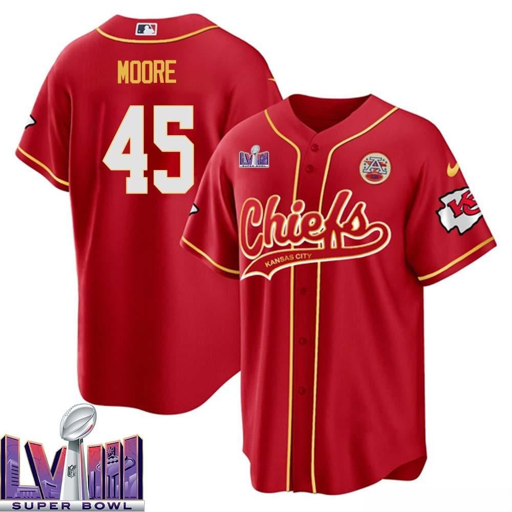 Isaiah Moore 45 Kansas City Chiefs Super Bowl Lviii Baseball Men Jersey – Red