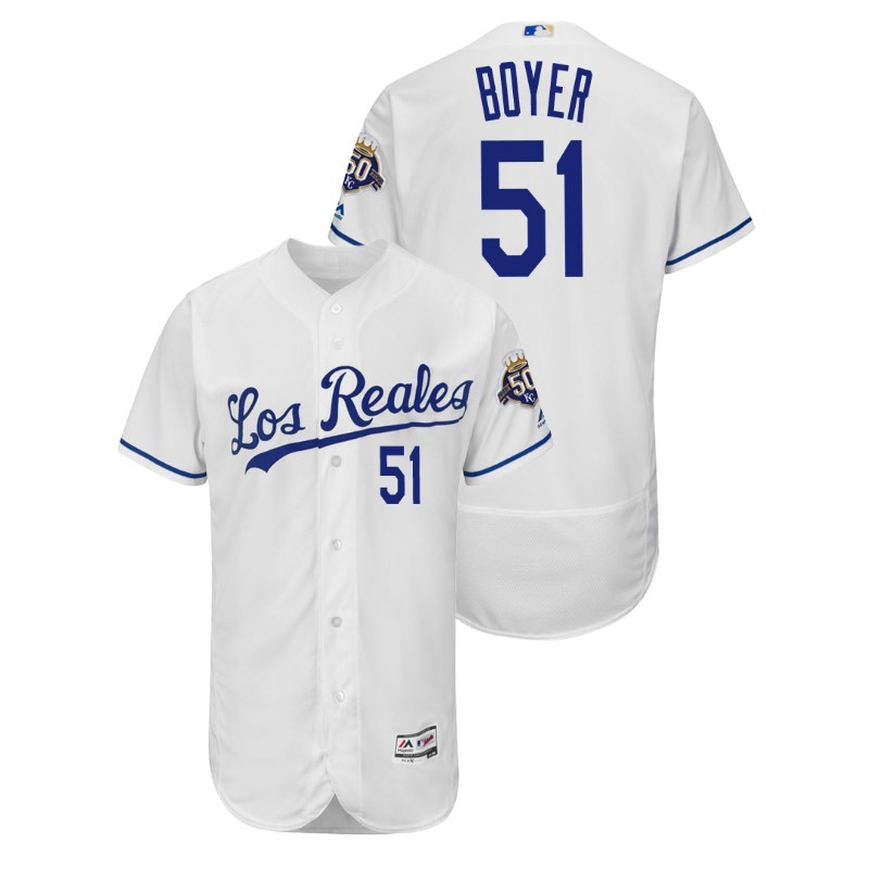 Men’S Kansas City Royals White Home Flex Base #51 Blaine Boyer 50Th Anniversary Jersey – All Stitched, Embroidery