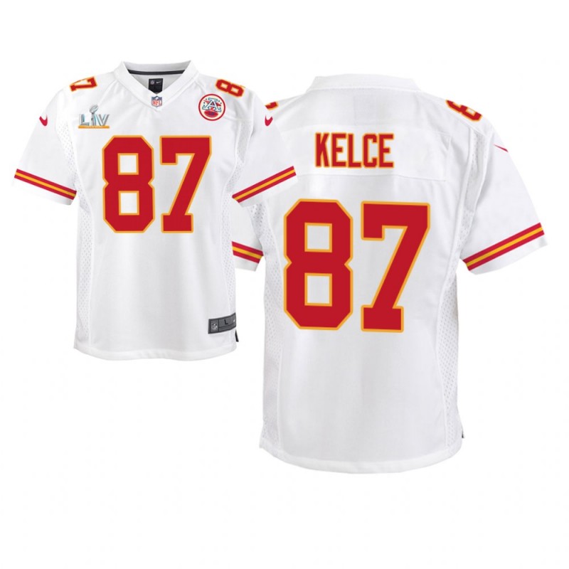 Youth Kansas City Chiefs #87 Travis Kelce White Super Bowl Lv Game Jersey