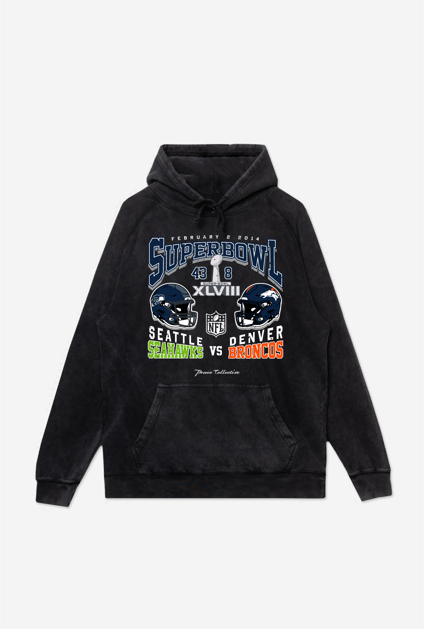 Super Bowl Xlviii: Seattle Seahawks Vs. Denver Broncos Stonewashed Hoodie – Black