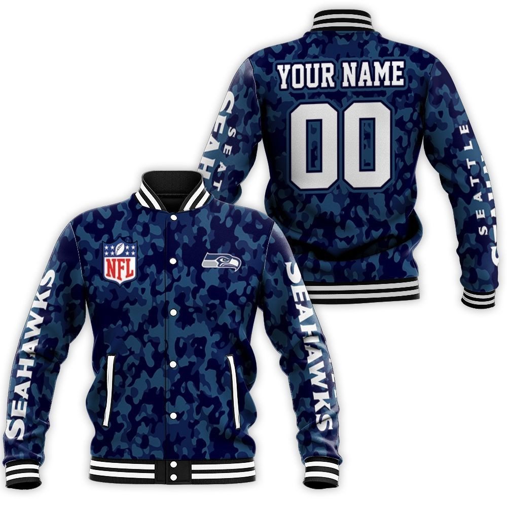 Seattle Seahawks Blue Camouflage Veteran 3D Personalized Baseball Jacket For Men Women