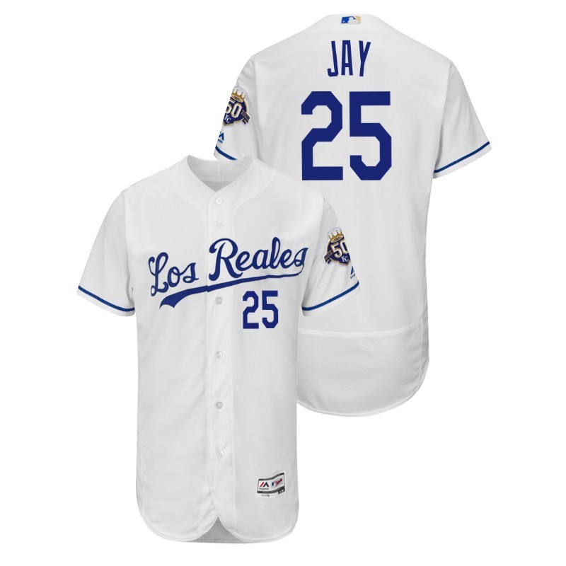 Men’S Kansas City Royals White Home Flex Base #25 Jon Jay 50Th Anniversary Jersey – All Stitched, Embroidery