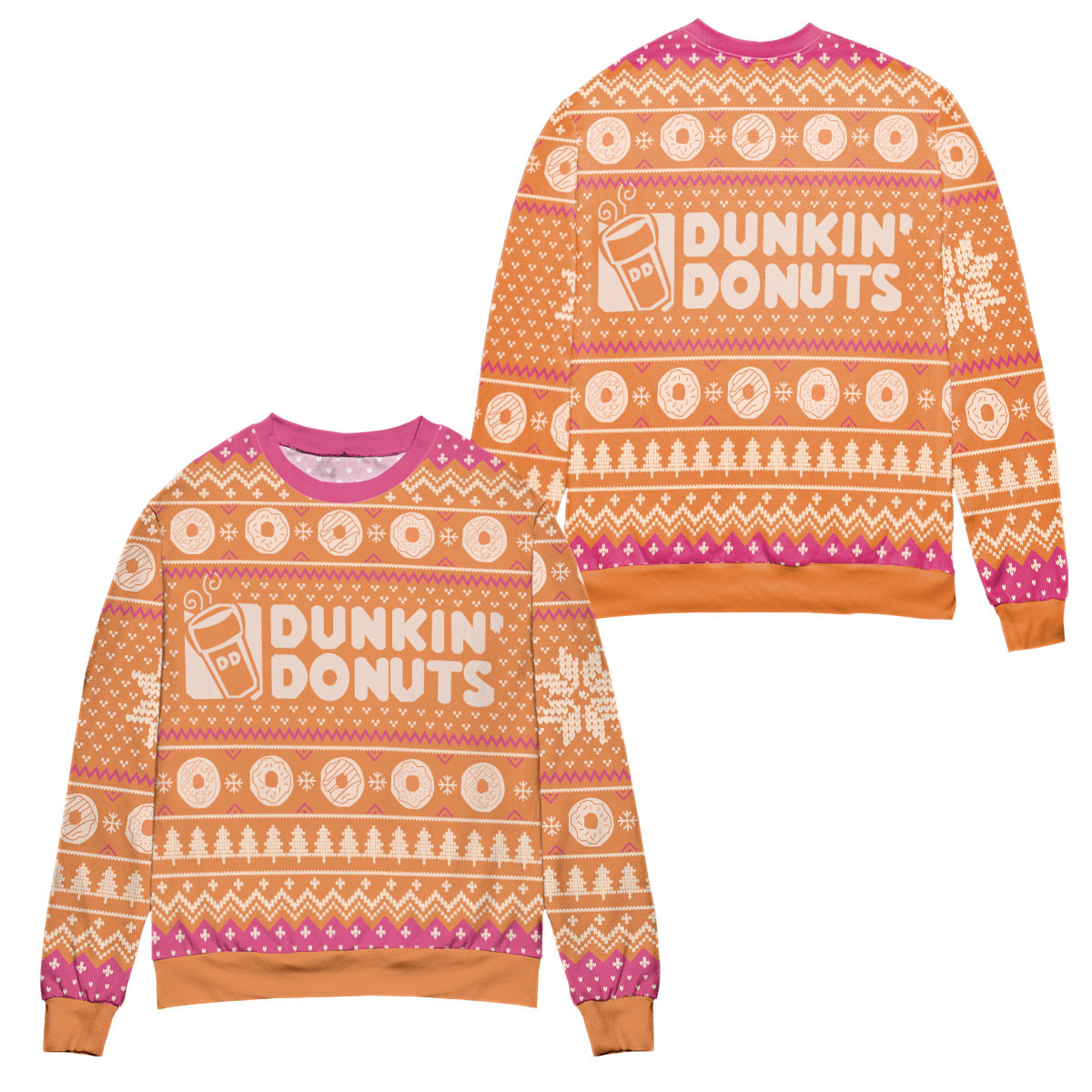 Dunkin’ Donuts Snow Flake & Pine Tree Ugly Christmas Sweater – All Over Print 3D Sweater – Orange