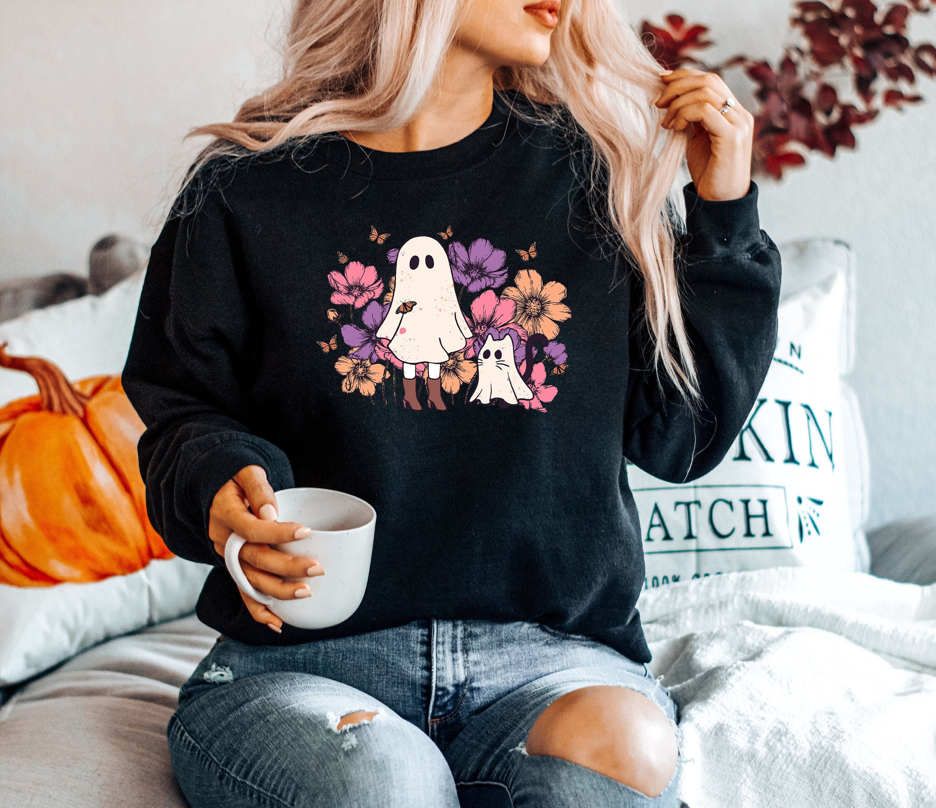 Ghost Cat Halloween Shirt, Halloween Cat Sweatshirt, Cat Pumpkin Shirt, Fall Sweatshirt, Black Cat Shirt, Cat Lover Gift, Witch Cat Tee