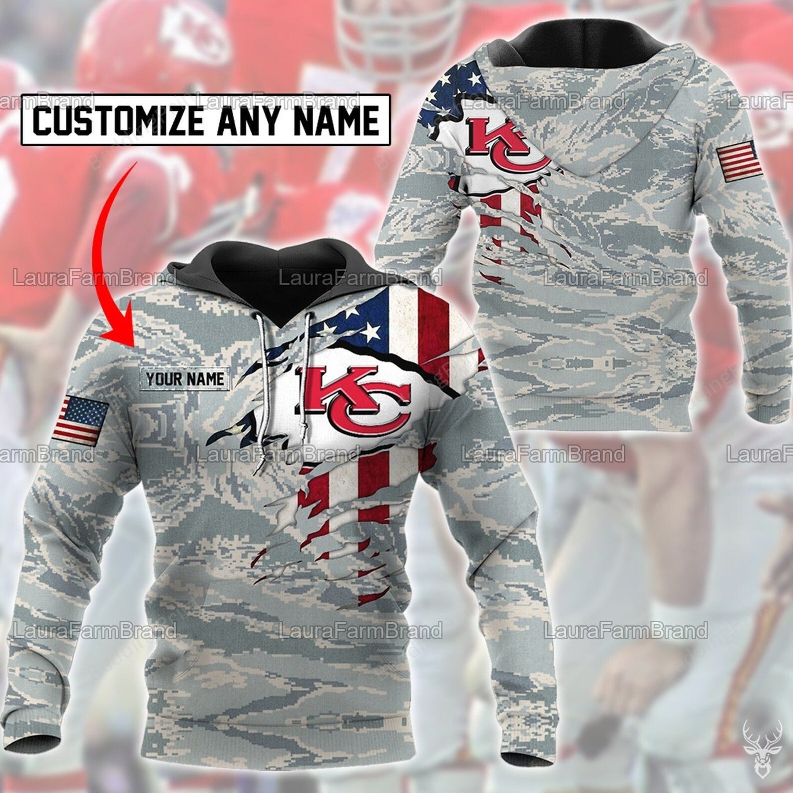 Personalized Custom Name Kansas City Chiefs Camo 3D All Over Print Hoodie, Zip-Up Hoodie