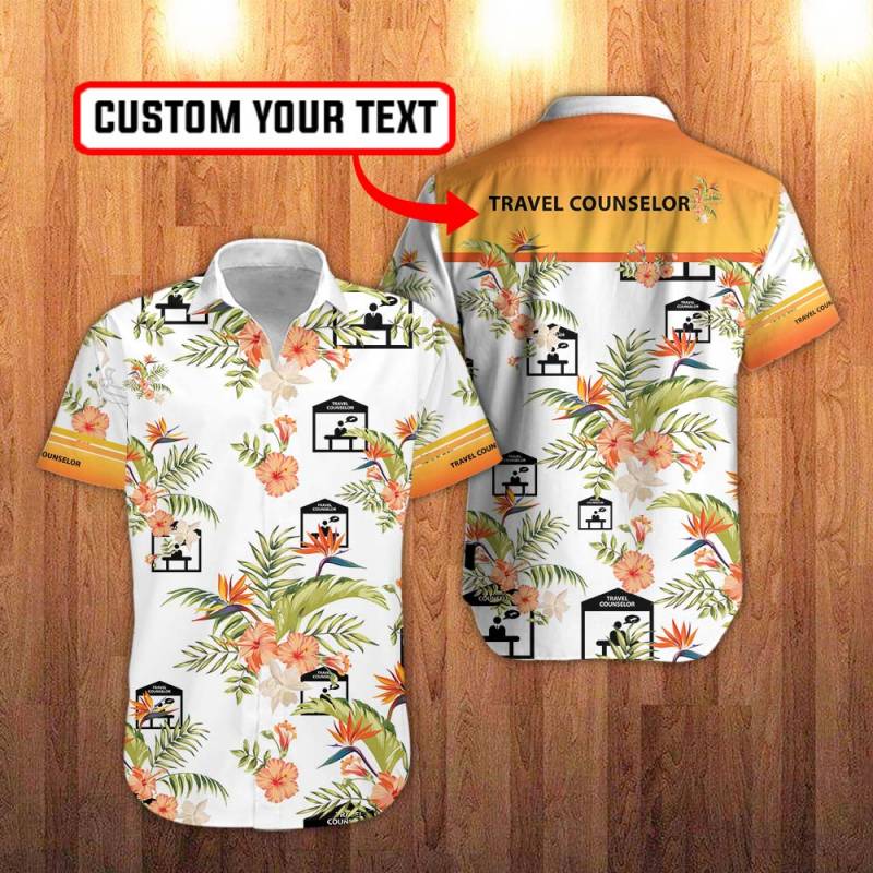 Travel Counselor Floral Hawaiian Shirt in White And Hawaiian Hibiscus Flower Personalization 3D Full Print Button Shirt