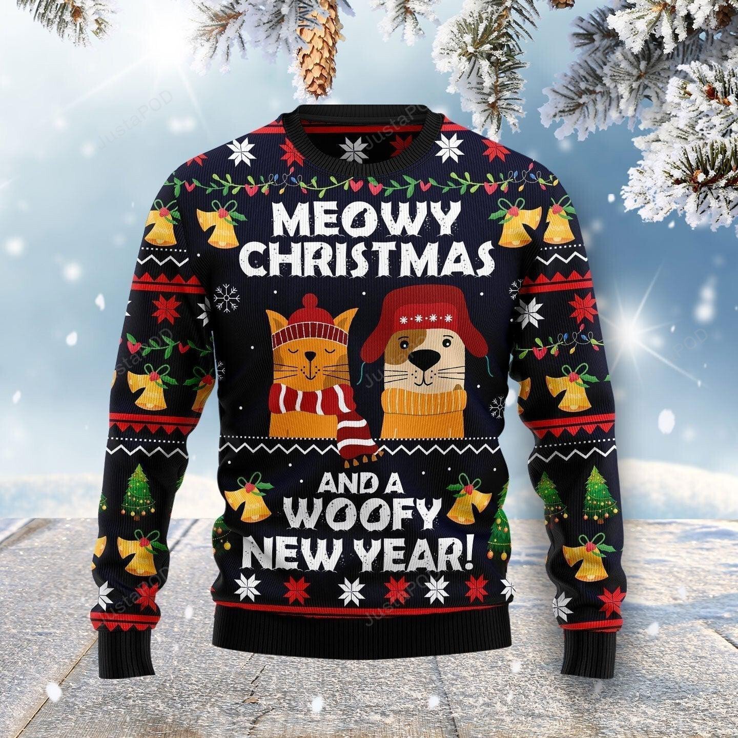 Meowy Christmas And Woofy New Year Ugly Christmas Sweater, Meowy ...