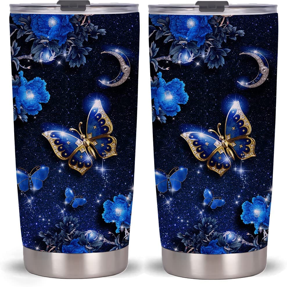 20Oz Blue Butterfly Moon Tumbler Cup With Lid , Stainless Steel Double Wall Vacuum Thermos Insulated Travel Coffee Mug(Blue Butterfly Moon Tumbler)One Tumbler Cup