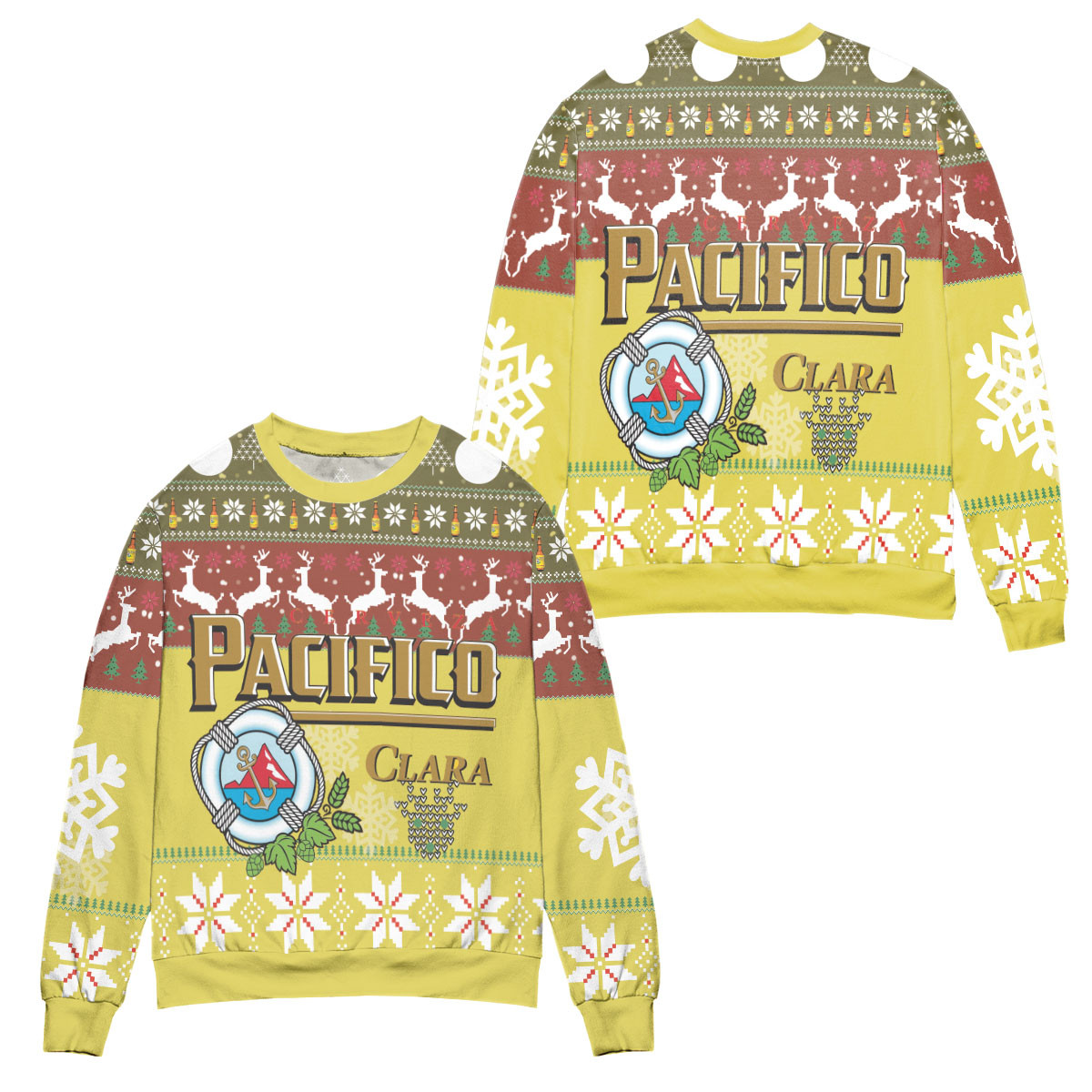 Cerveza Pacifico Clara Snowflake & Reindeer Pattern Ugly Christmas Sweater – All Over Print 3D Sweater – Yellow