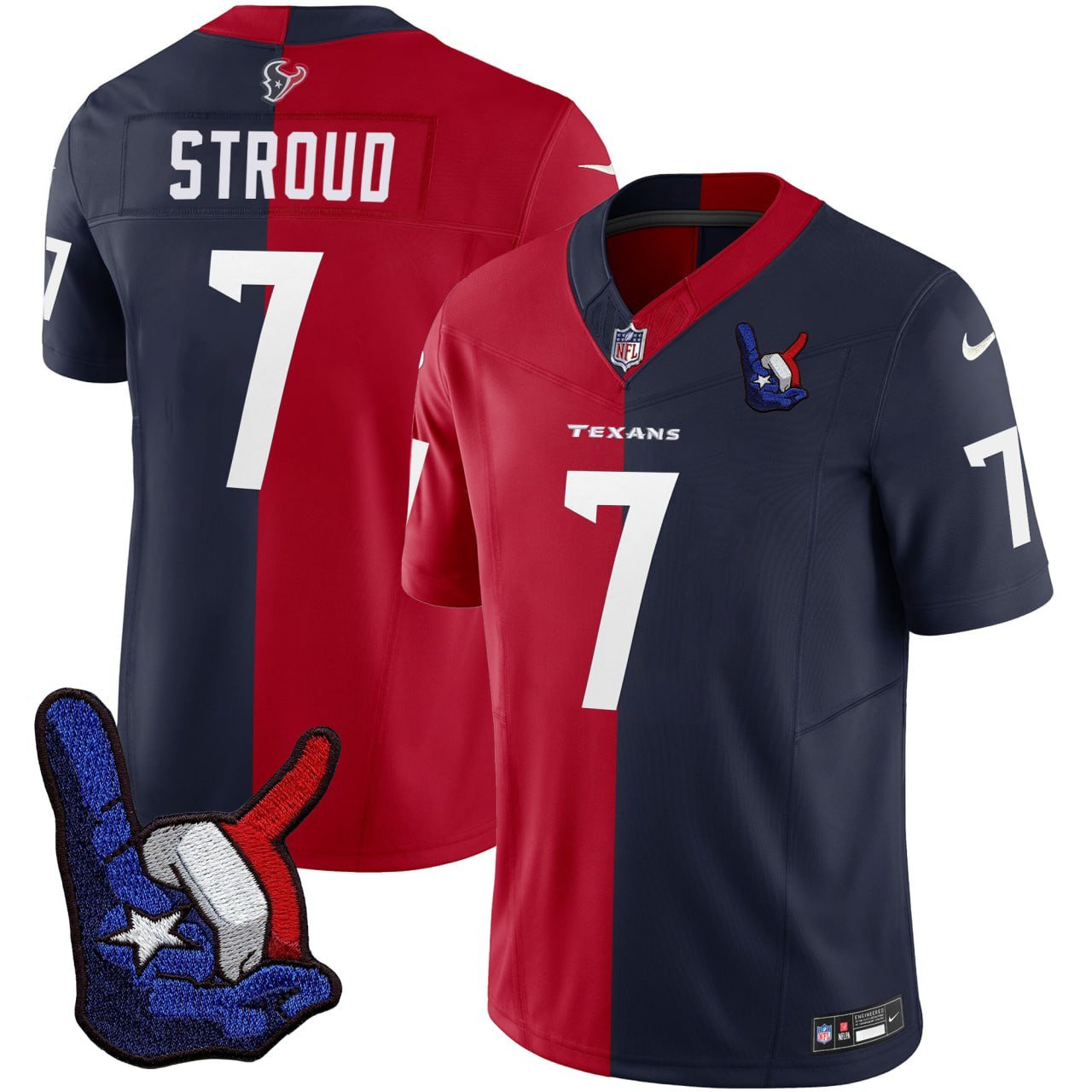 C.J. Stroud Houston Texans Split Red Navy Hand Sign Patch Jersey – All Stitched