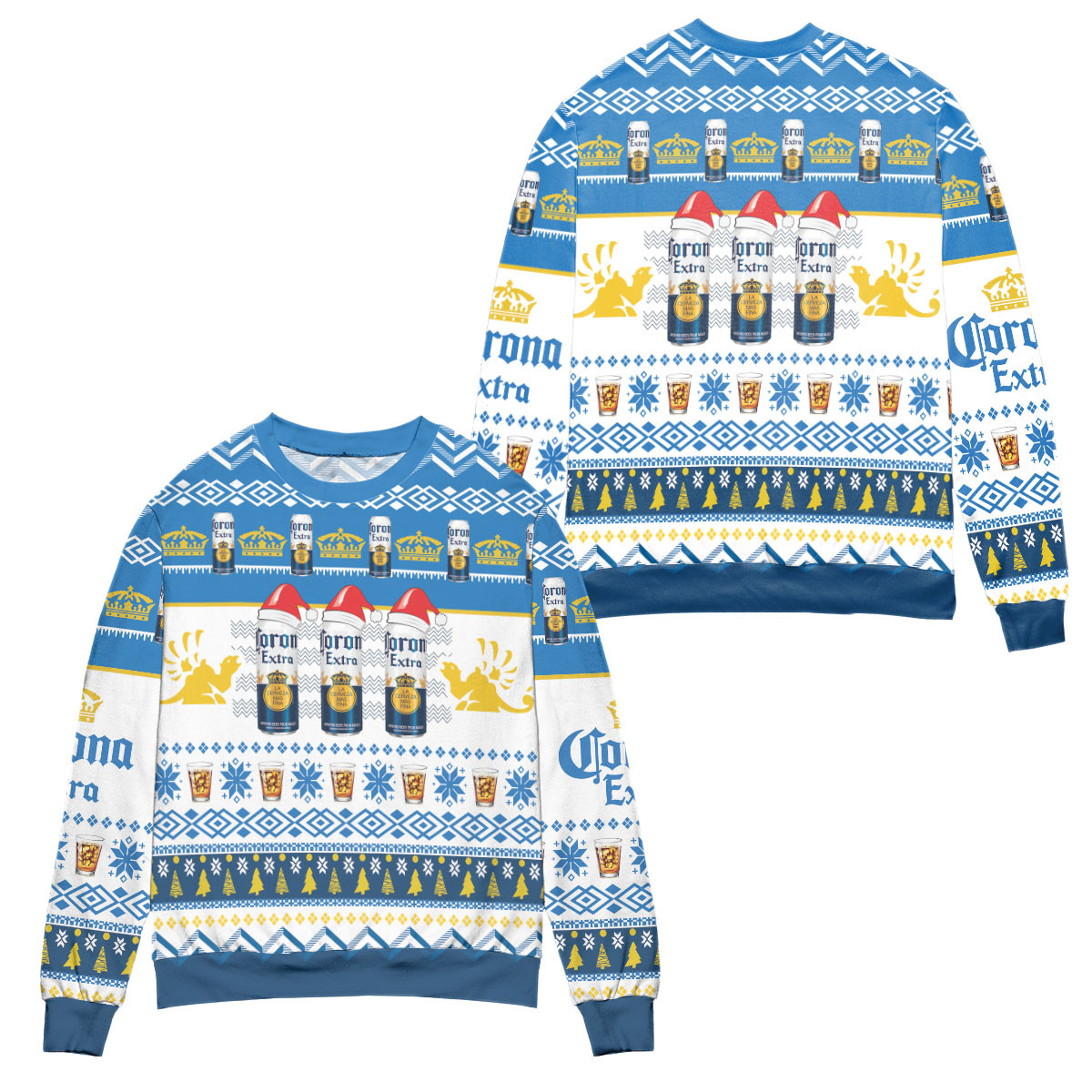 Corona Extra Beer Logo Christmas Pattern Ugly Christmas Sweater – All Over Print 3D Sweater – White Blue