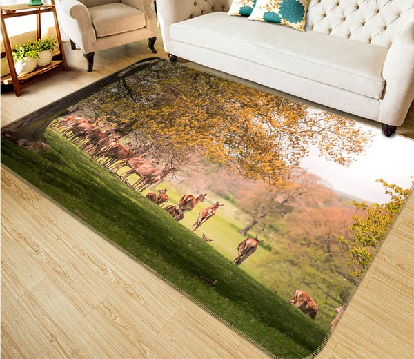 3D Antelope Group Under Autumn Tree Area Rug Home Decor