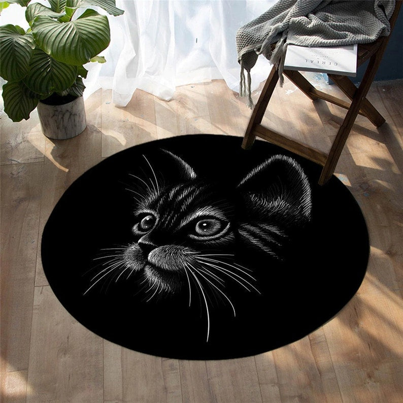 White Cat Bedroom Floor Mat- Halloween 3D Printed Animal Round Carpet- Black Rug Adorable Living Room Alfombra