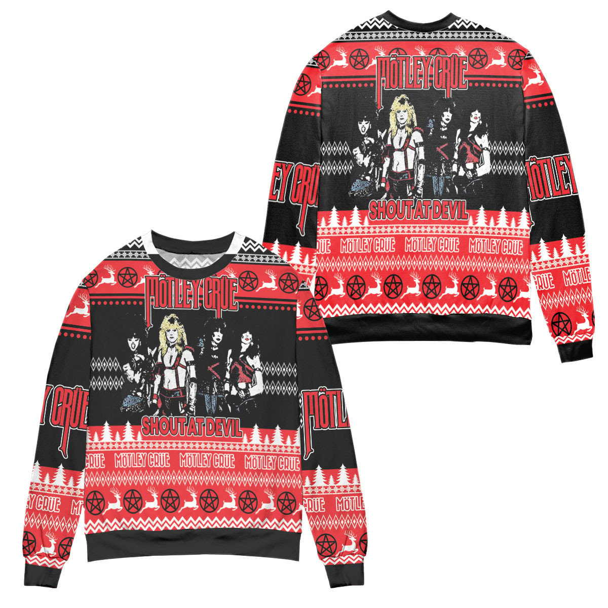 Motley Crue Band Shout At Devil Ugly Christmas Sweater – All Over Print 3D Sweater – Black Red