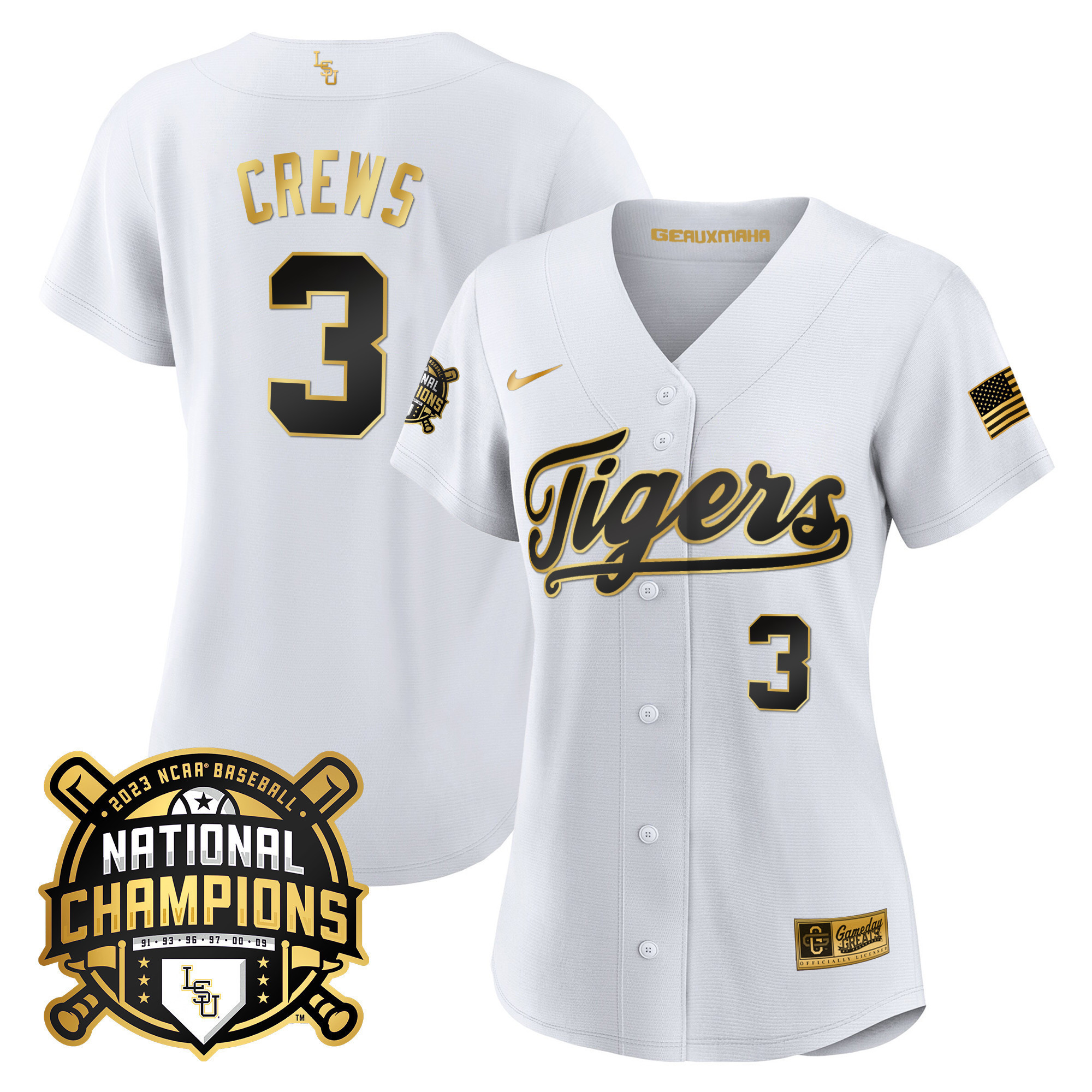 Women’S Lsu Tigers 2023 National Champions Gold Jersey V2 – All Stitched