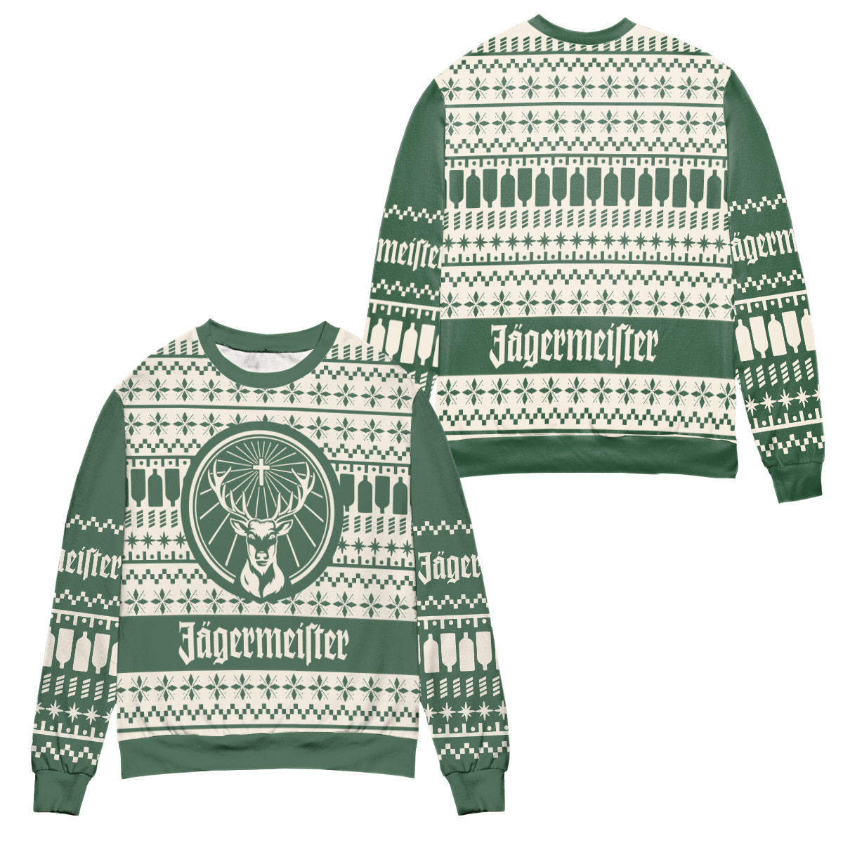 Jagermeister Logo Snowflake Pattern Ugly Christmas Sweater – All Over Print 3D Sweater – Green White