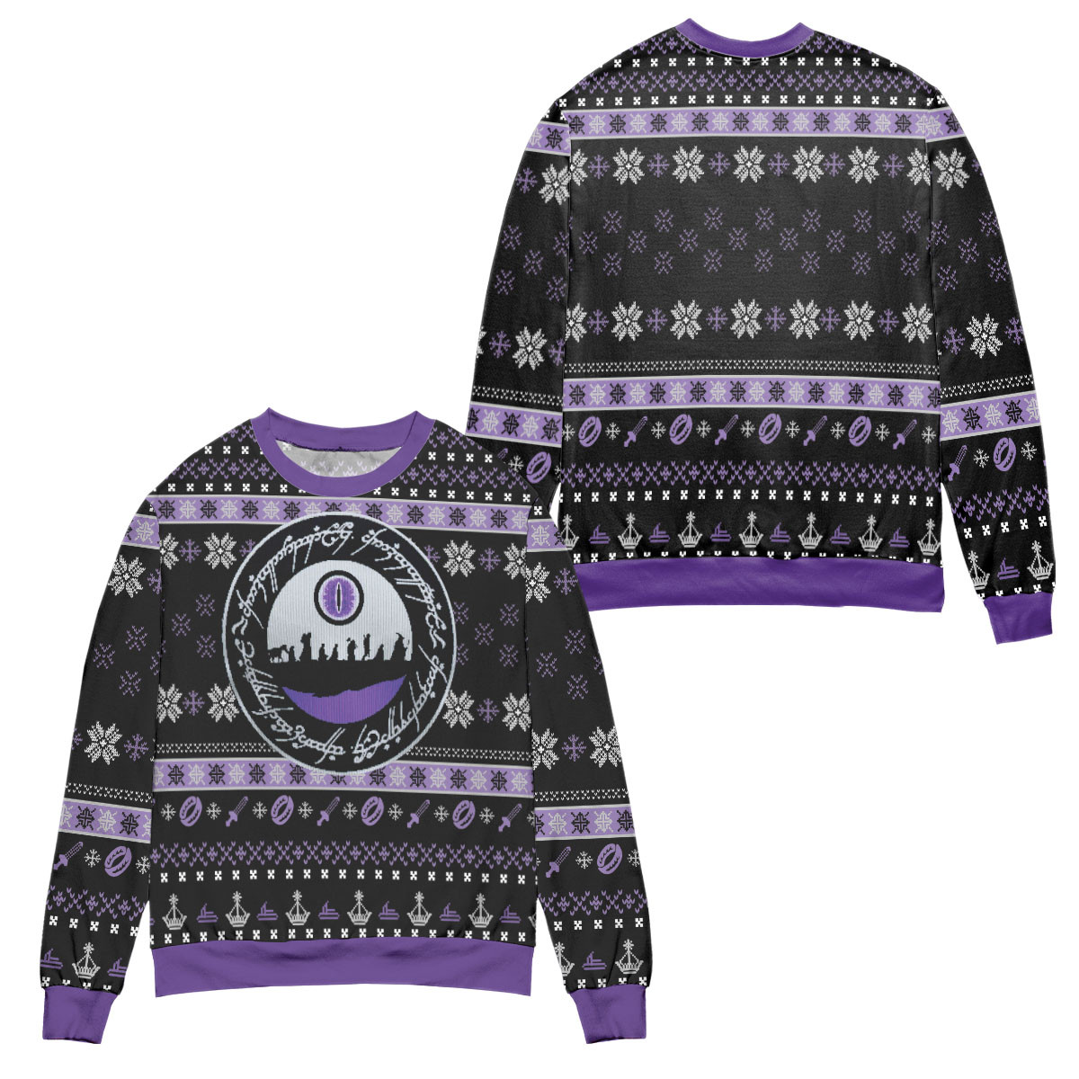 Lord Of The Rings Pattern Snowflake Ugly Christmas Sweater – All Over Print 3D Sweater – Black Purple