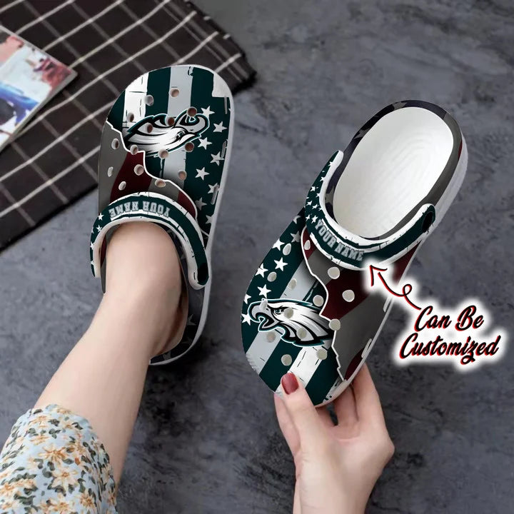 Eagles Crocss – Personalized Philadelphia Eagles Team American Flag Line Clog Shoes