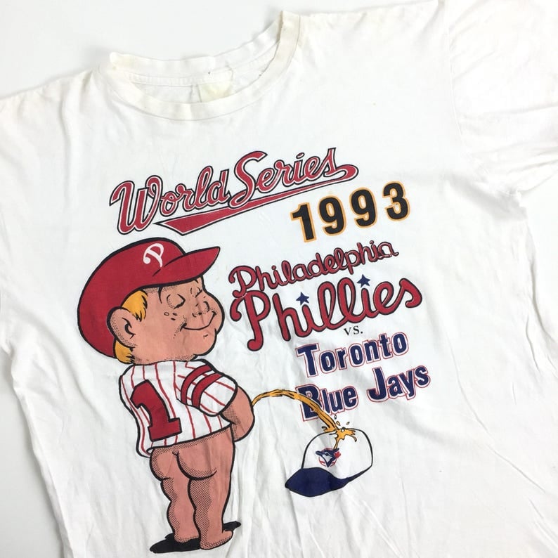 Vintage 90S 1993 93 Philadelphia Phillies World Series Pee On Toronto Blue Jays Baseball Graphic Tee T Shirt