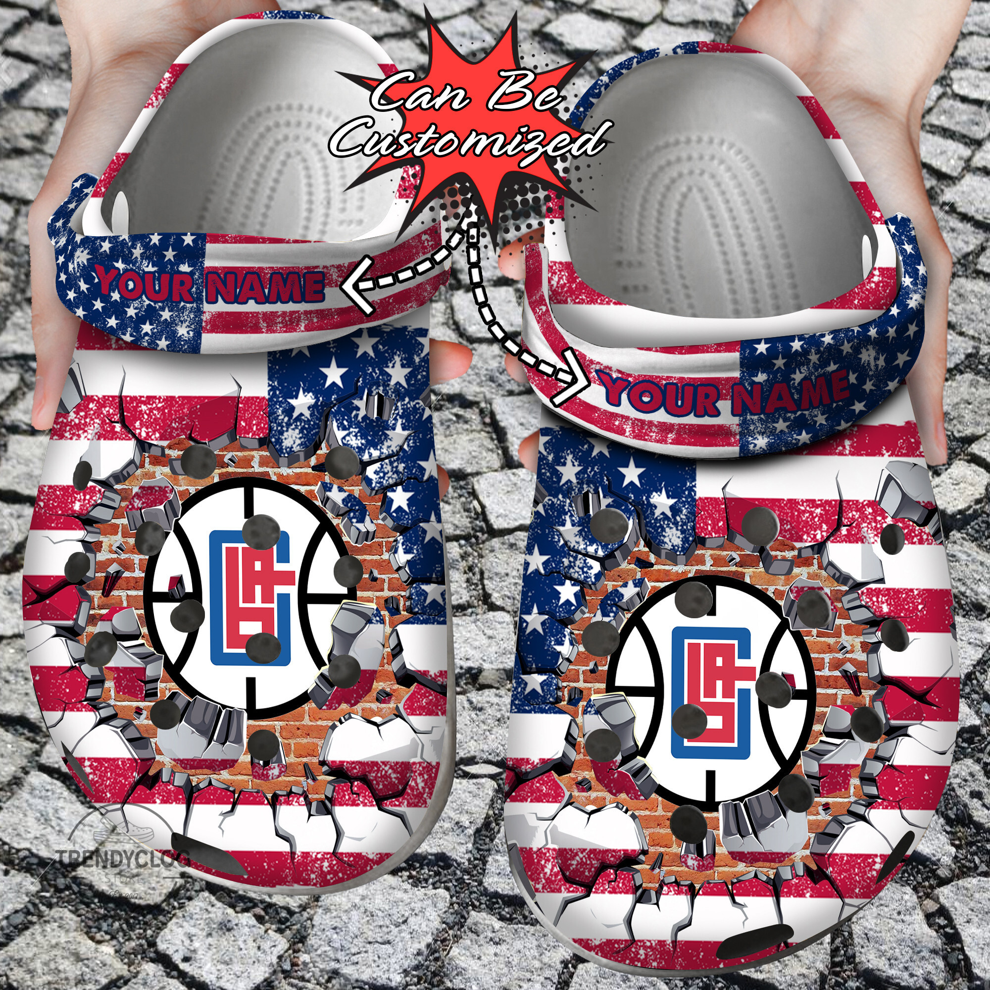 Basketball Crocs Personalized La Clippers American Flag Breaking Wall Clog Shoes