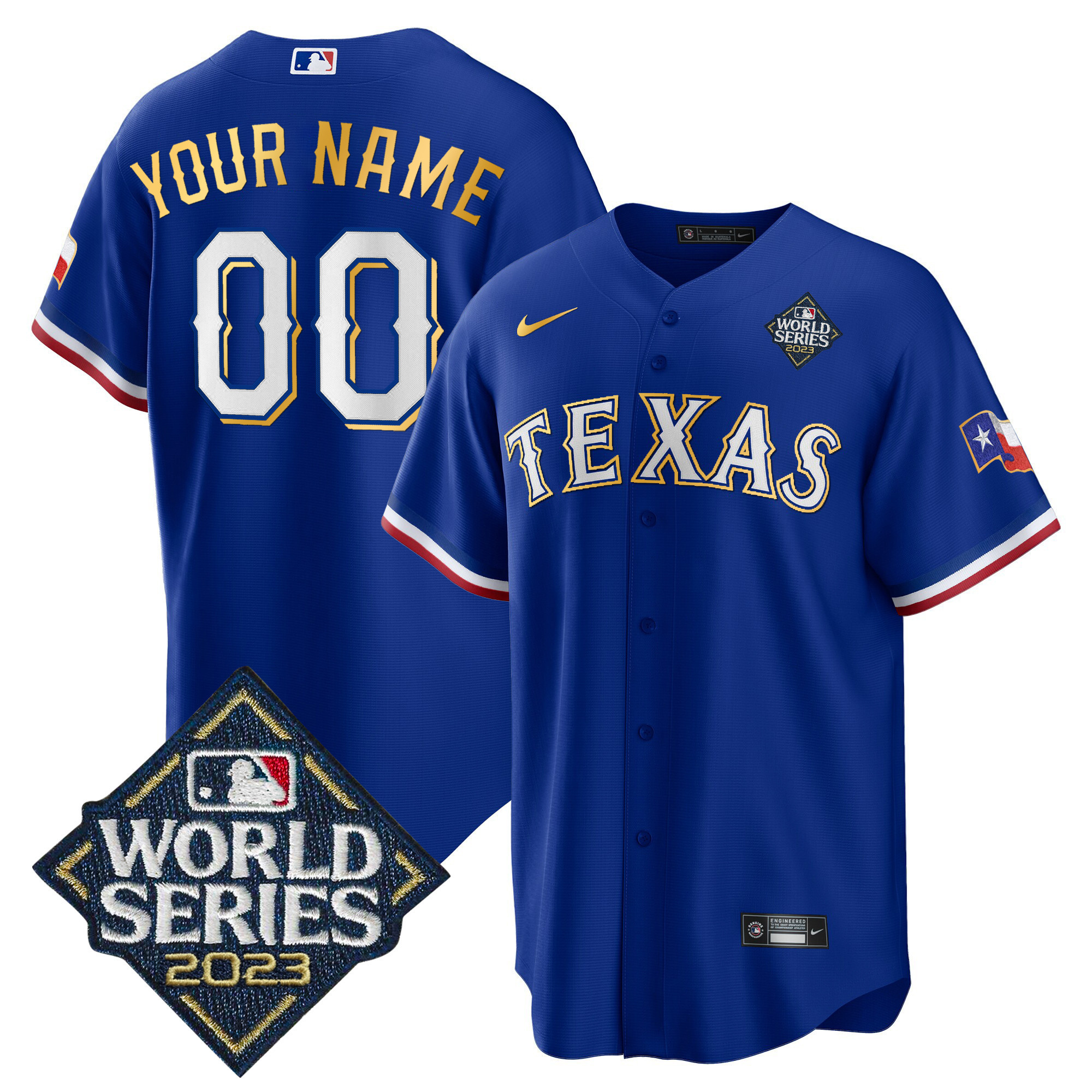 Texas Rangers 2023 World Series Cool Base Gold Trim Custom Jersey V2 – All Stitched