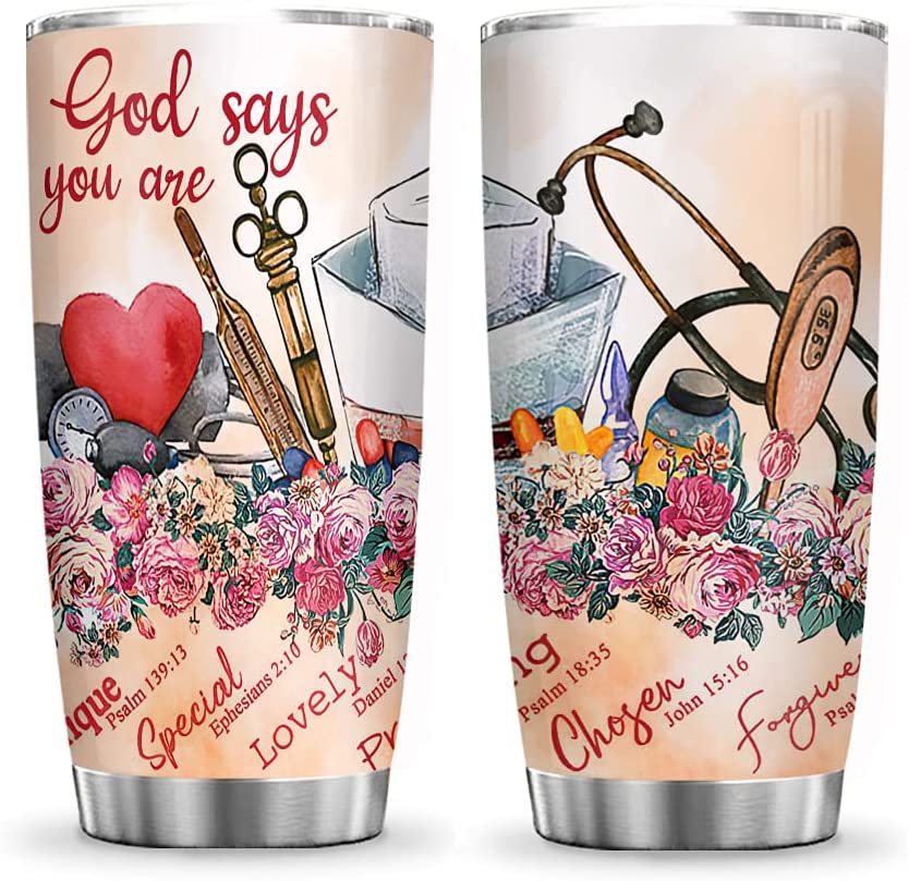 20Oz God Says You Are Unique, Precious, Strong, Chosen, Nurse Inspiration Tumbler Cup With Lid, Double Wall Vacuum Thermos Insulated Travel Coffee Mug