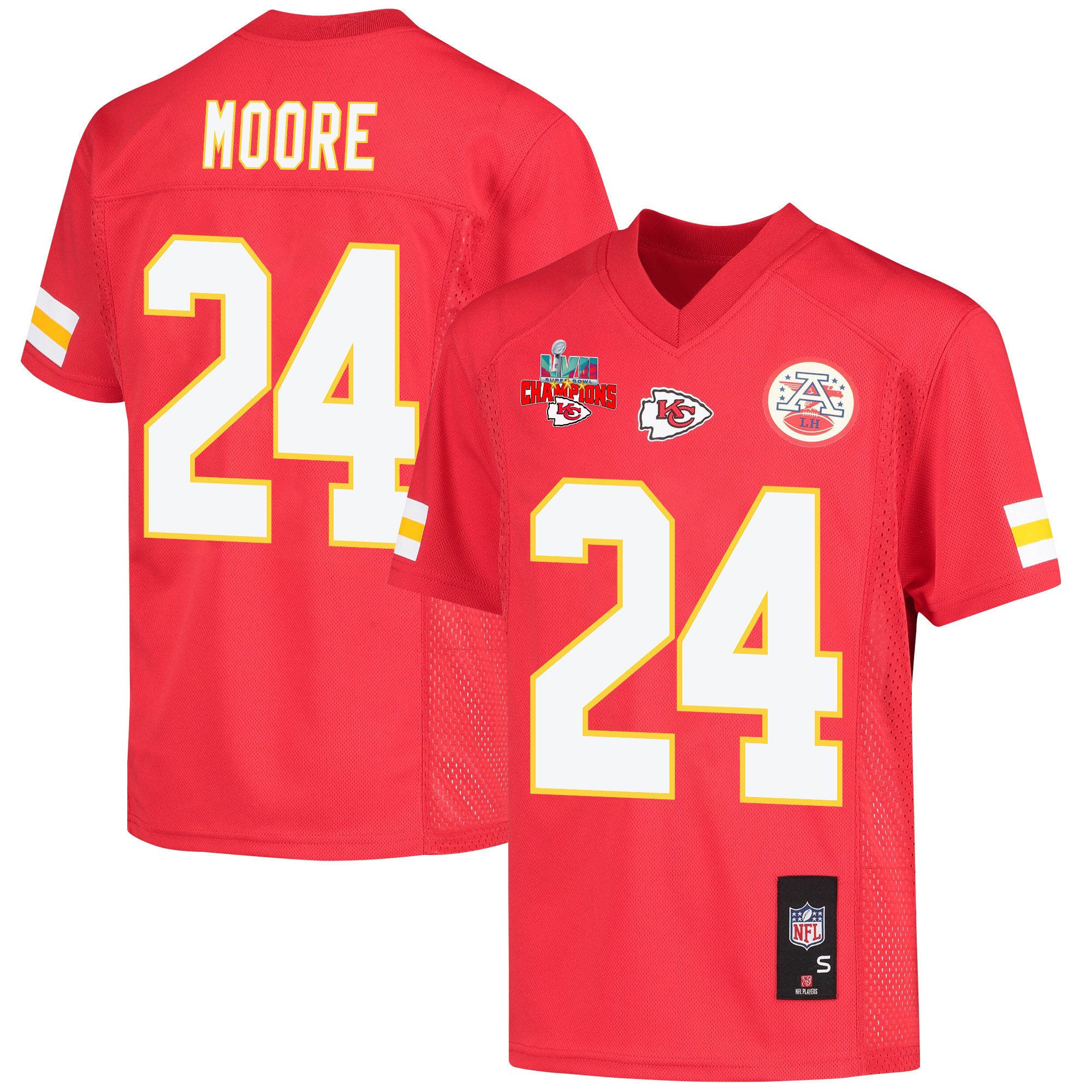 Skyy Moore 24 Kansas City Chiefs Super Bowl Lvii Champions 3 Stars Youth Game Jersey – Red