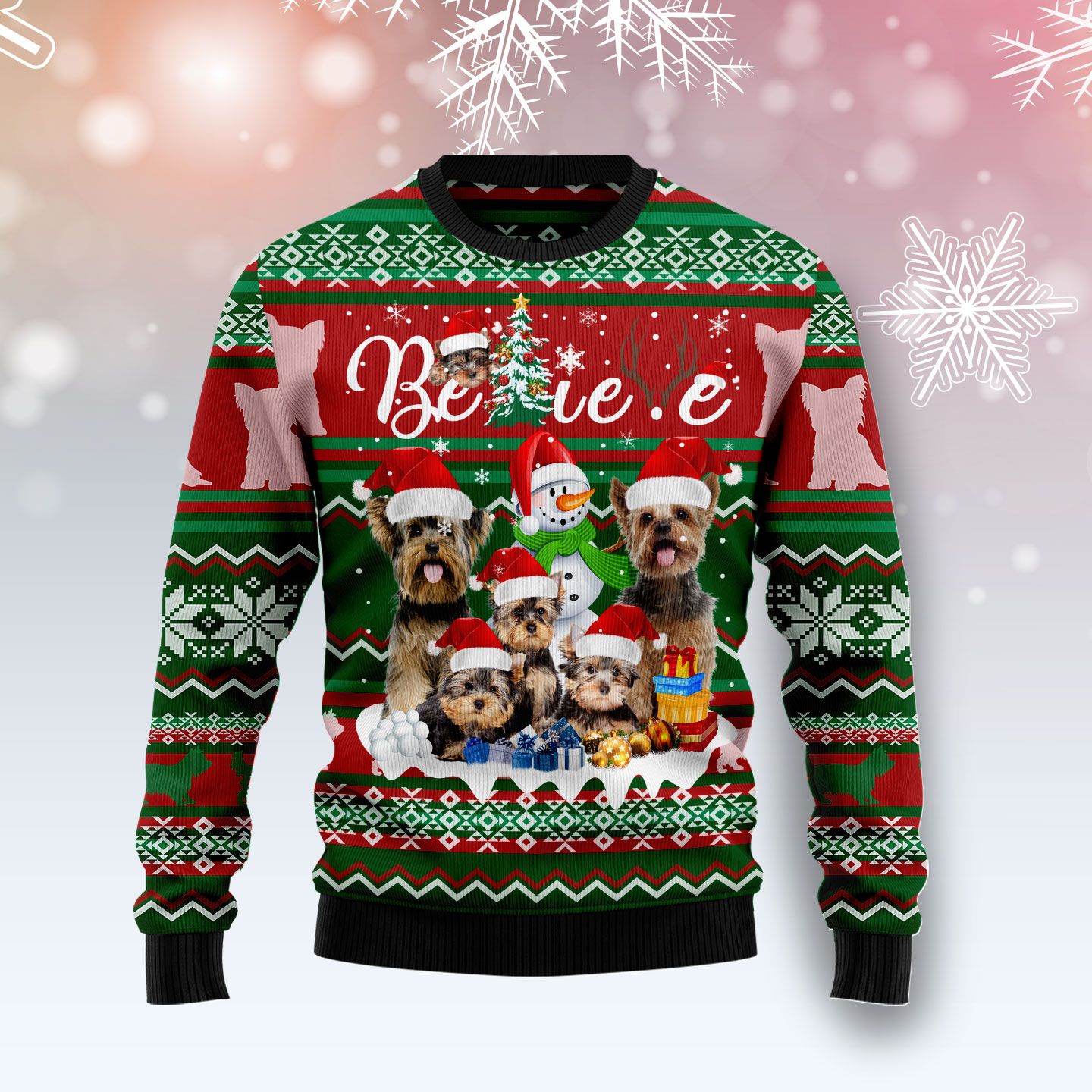 Yorkshire Terrier Believe Christmas Sweatshirt, Ugly Christmas Sweatshirt For Dog Lovers