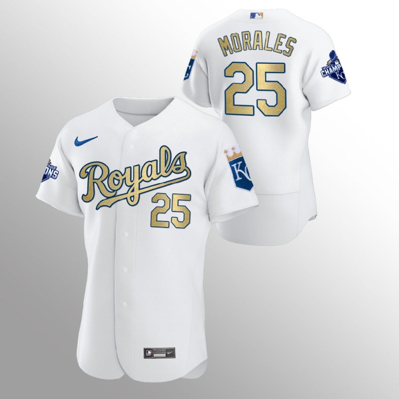 Kansas City Royals Kendrys Morales White 2015 World Series Champions Nike Jersey – All Stitched, Embroidery